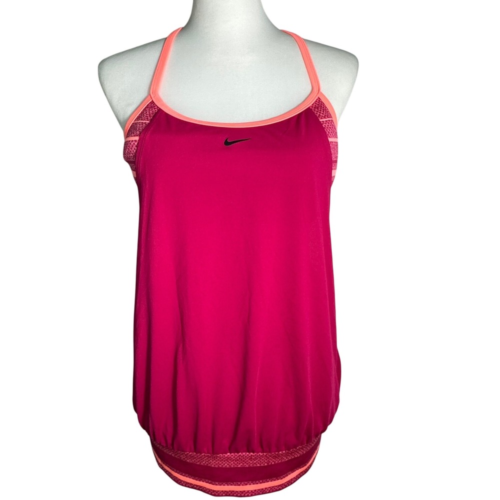 NIKE Women Large Pink Coral Stripe Layered Tankini Sports Bra Racerback Tank Top
